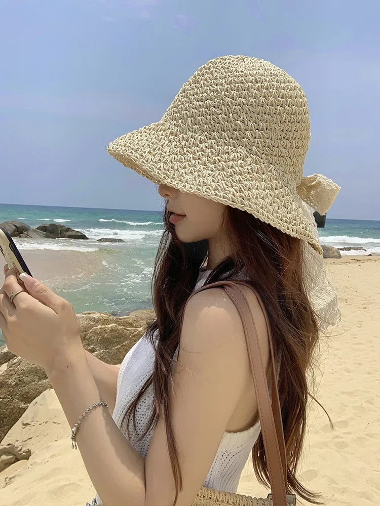 2025 New Women's Braided Straw Fisherman Hat UPF50+ Breathable Summer Beach Vacation Sun Protection Wide Brim Adjustable