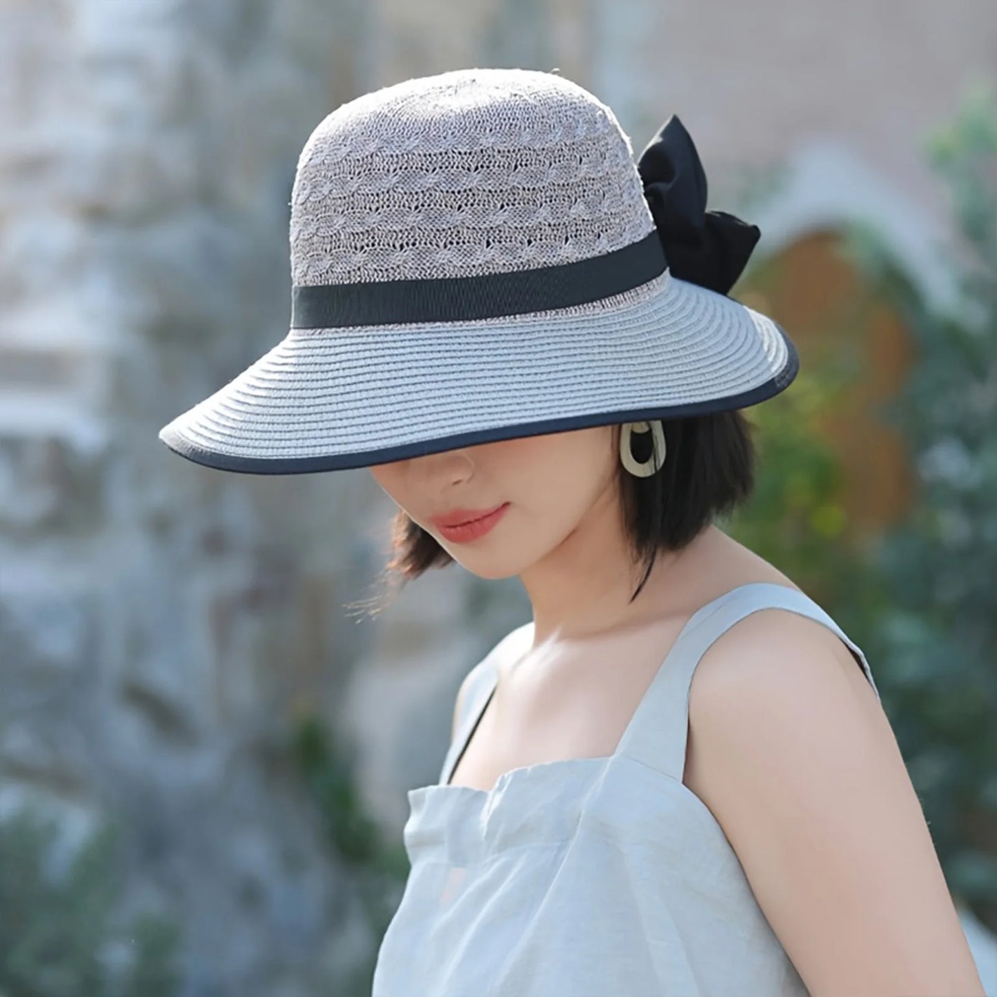Summer Beach Straw Sun Hat Breathable French Style Bowknot Straw Hats Elegant Hat for Outdoor Travel Photography