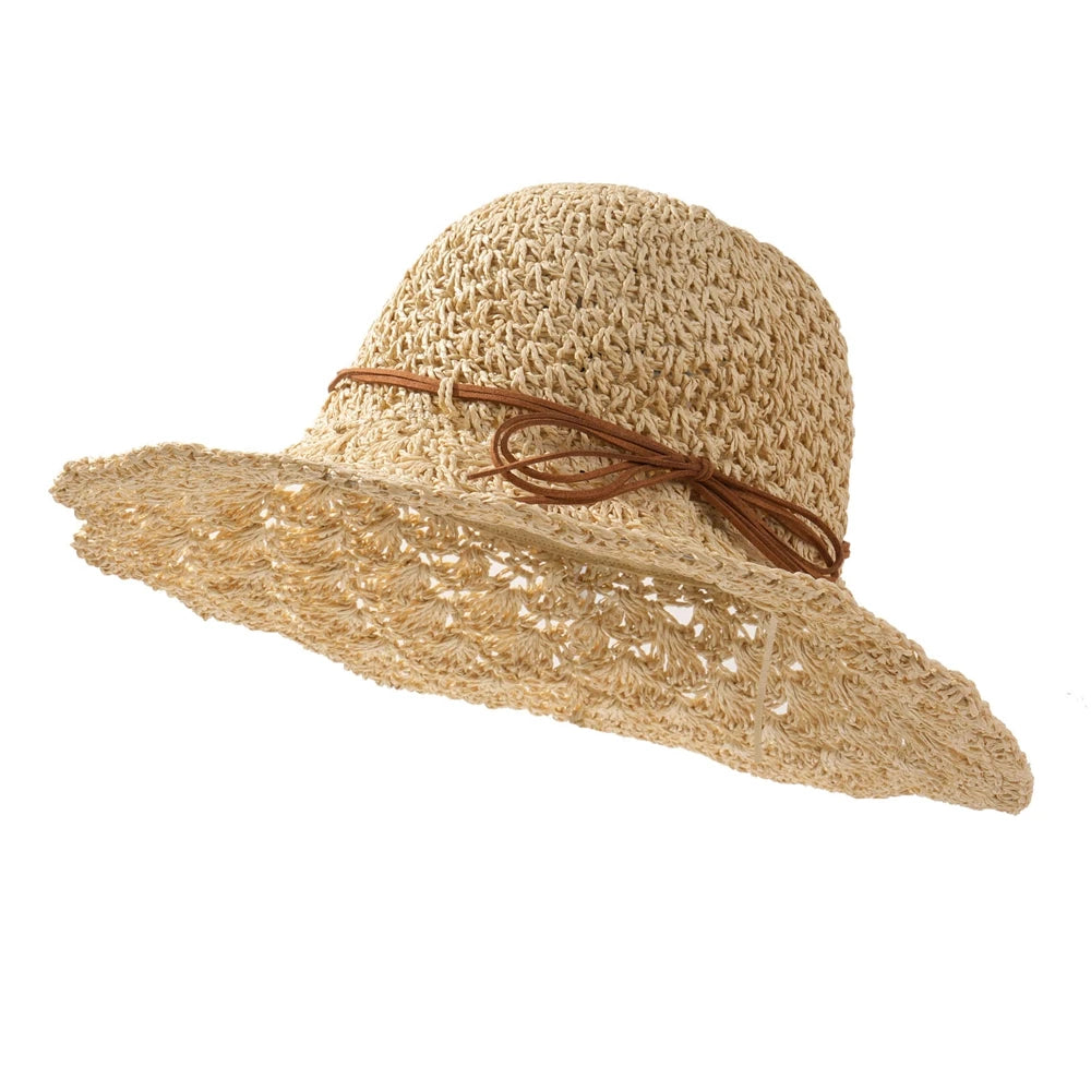 Women's Crochet Straw Hat with Bowknot, Wide Brim Summer Sun Hat for Beach, Travel & Outdoor Activities, Breathable Floppy Straw