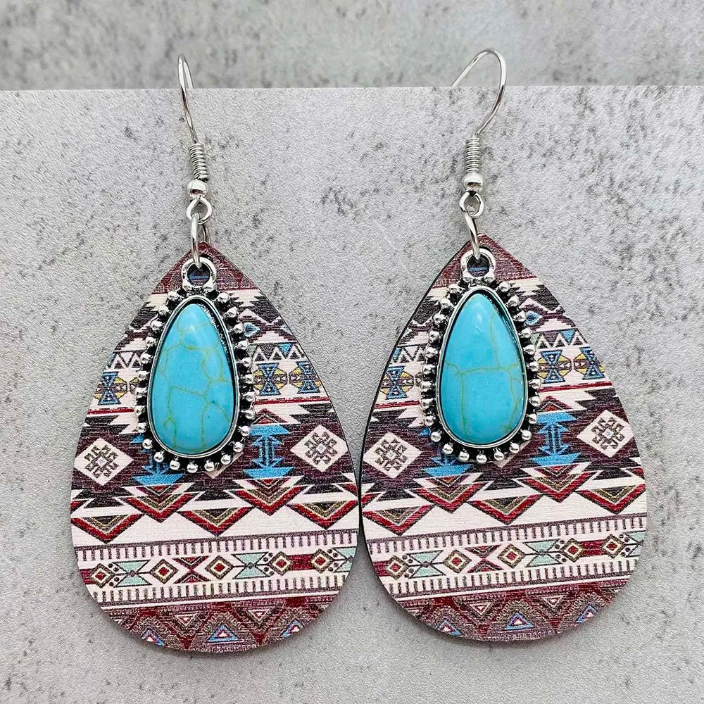 Western Retro Aztecs Pattern Wood Earrings Turquoise Round Wooden Ethnic Fashion Earrings Jewelry Party Accessories Gift