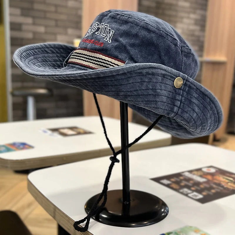 Summer Men Bucket Hat Outdoor Washed Cotton UV Protection Wide Brim Panama Safari Hunting Hiking Hat Adjustable Sunscreen Cap