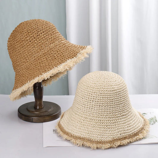 Crochet Straw Hat for Women Summer Handmade Hollow Out Panama Raffia Paper Tassel Edge Beach Hats UV Protect Foldable Sun Visor