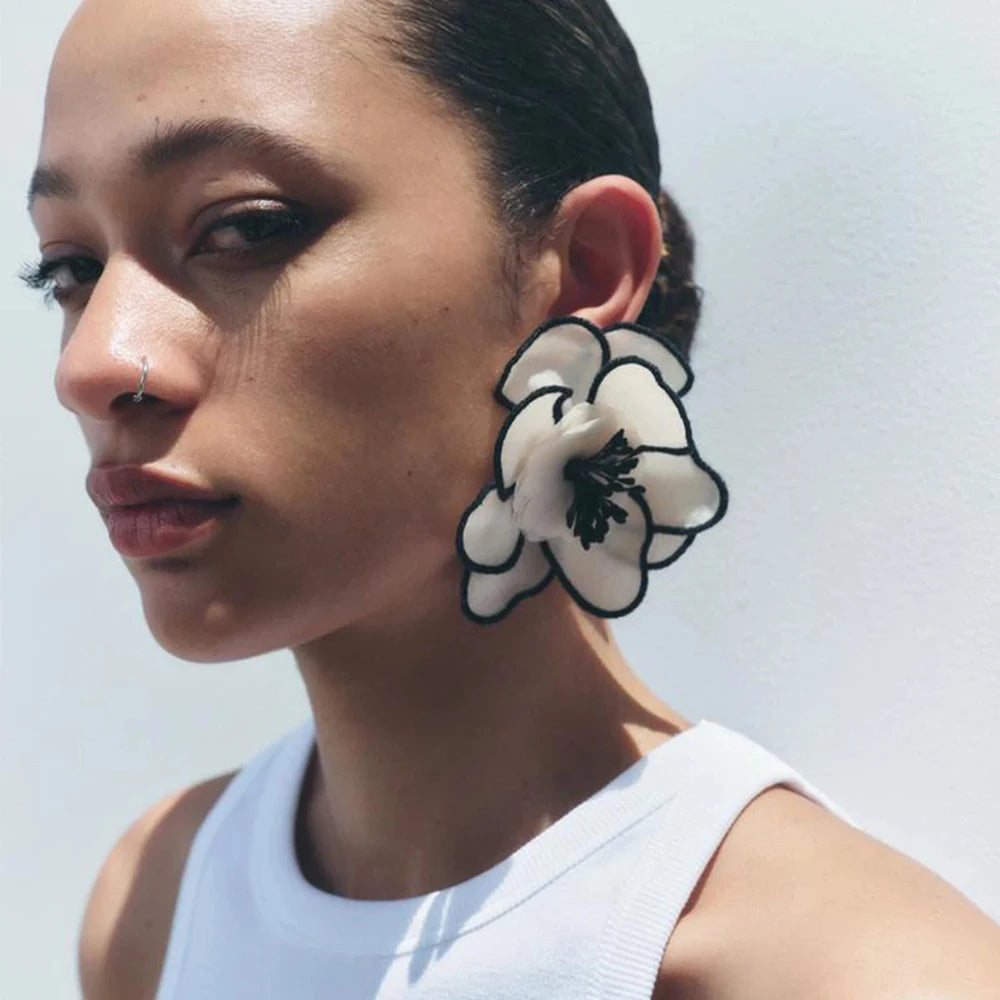 White Bloom Embroidery Stud Earrings – Big, Beautiful & Boss Energy 🦴✨