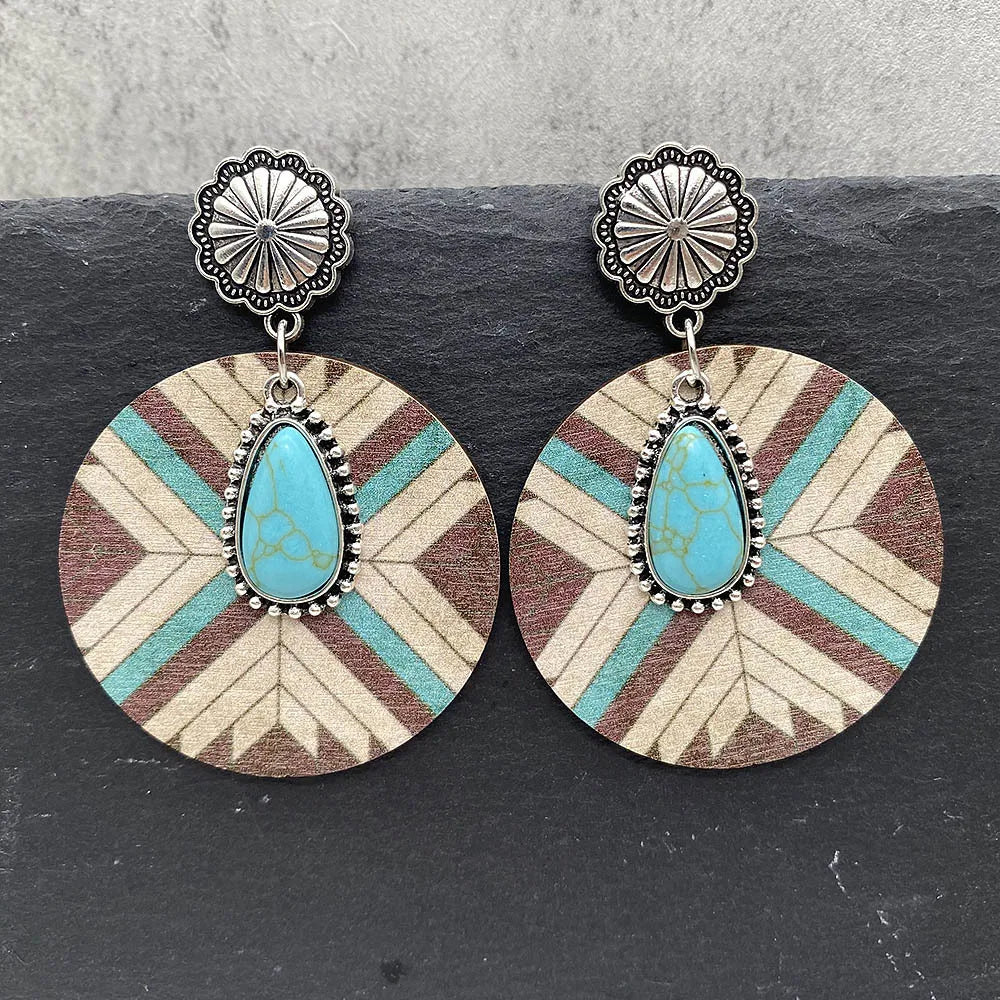 Western Retro Aztecs Pattern Wood Earrings Turquoise Round Wooden Ethnic Fashion Earrings Jewelry Party Accessories Gift