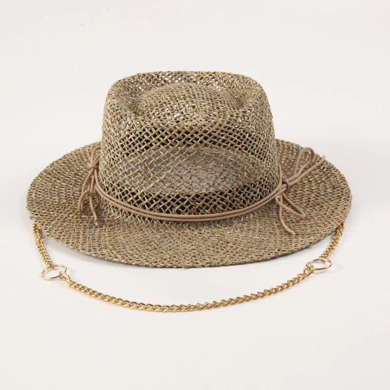 Women Straw Fedora Sea Grass Sun Hat Long Gold Chain Summer Panama Hat Wide Brim Beach Hat UPF50+ Derby Church Garden Party Hat