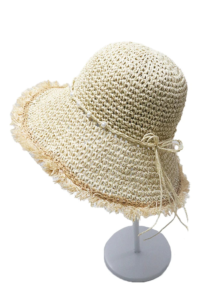 Crochet Straw Hat for Women Summer Handmade Hollow Out Panama Raffia Paper Tassel Edge Beach Hats UV Protect Foldable Sun Visor
