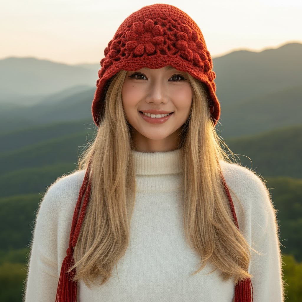 Korean Floral Knitted Hoodie Beanie – Kawaii, Cozy & Giving Sweet Winter It-Girl Energy 🌸🎩