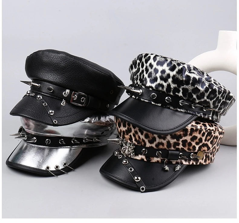 Vintage Leather Beret Hat – Leopard Print, Silver Rivets & Giving Parisian Baddie Energy 🐆✨