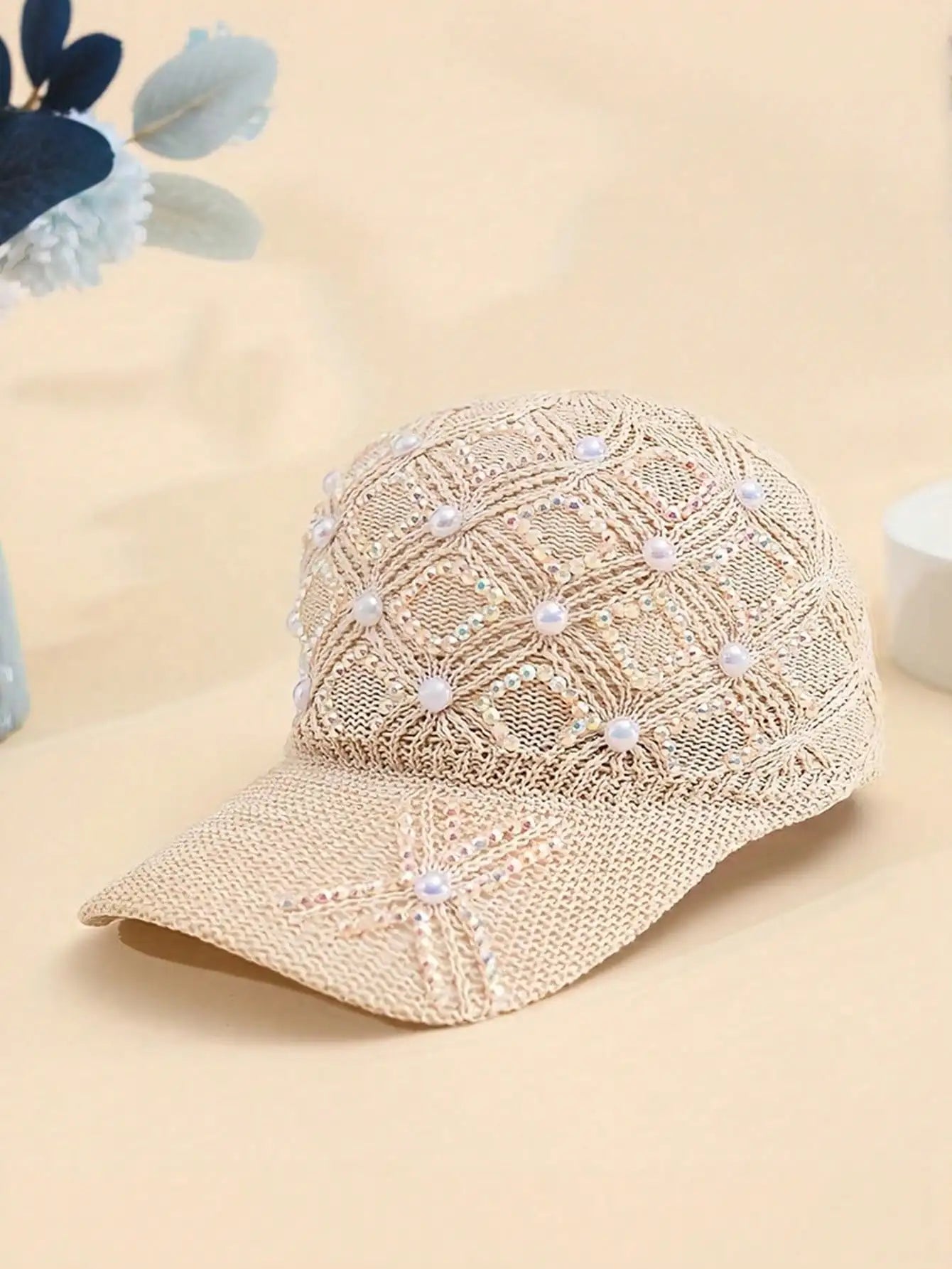Adjustable Stylish Four-leaf Clover Pearl Embellished Women's Breathable Mesh Baseball Cap/sun Protection Hat for Spring Summer.