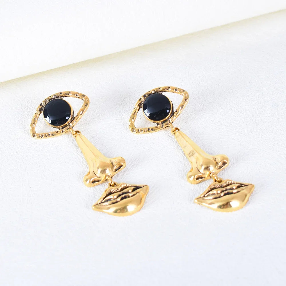 1Pair Exquisite Long Retro Lips & Nose & Eye Design Earrings, Cool Abstract Earrings Jewelry , Creative Gift