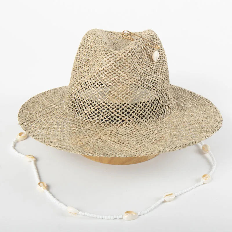 Women Straw Fedora Sea Grass Sun Hat Long Gold Chain Summer Panama Hat Wide Brim Beach Hat UPF50+ Derby Church Garden Party Hat
