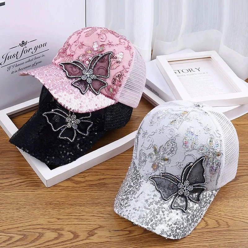 Women's Black Rhinestone Butterfly Decorated Ball Cap Adjustable Breathable Mesh Spring Summer Autumn Style Hat