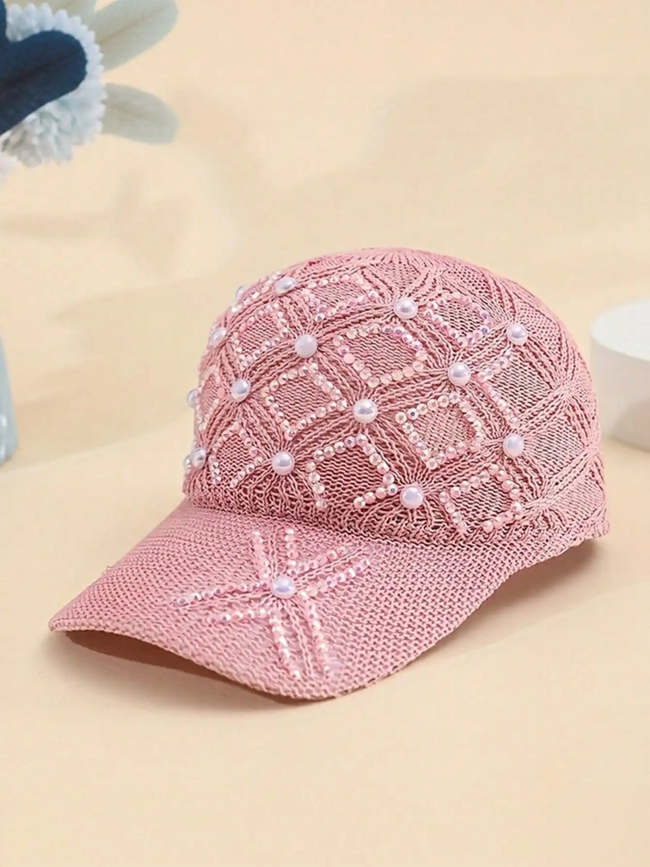 Adjustable Stylish Four-leaf Clover Pearl Embellished Women's Breathable Mesh Baseball Cap/sun Protection Hat for Spring Summer.