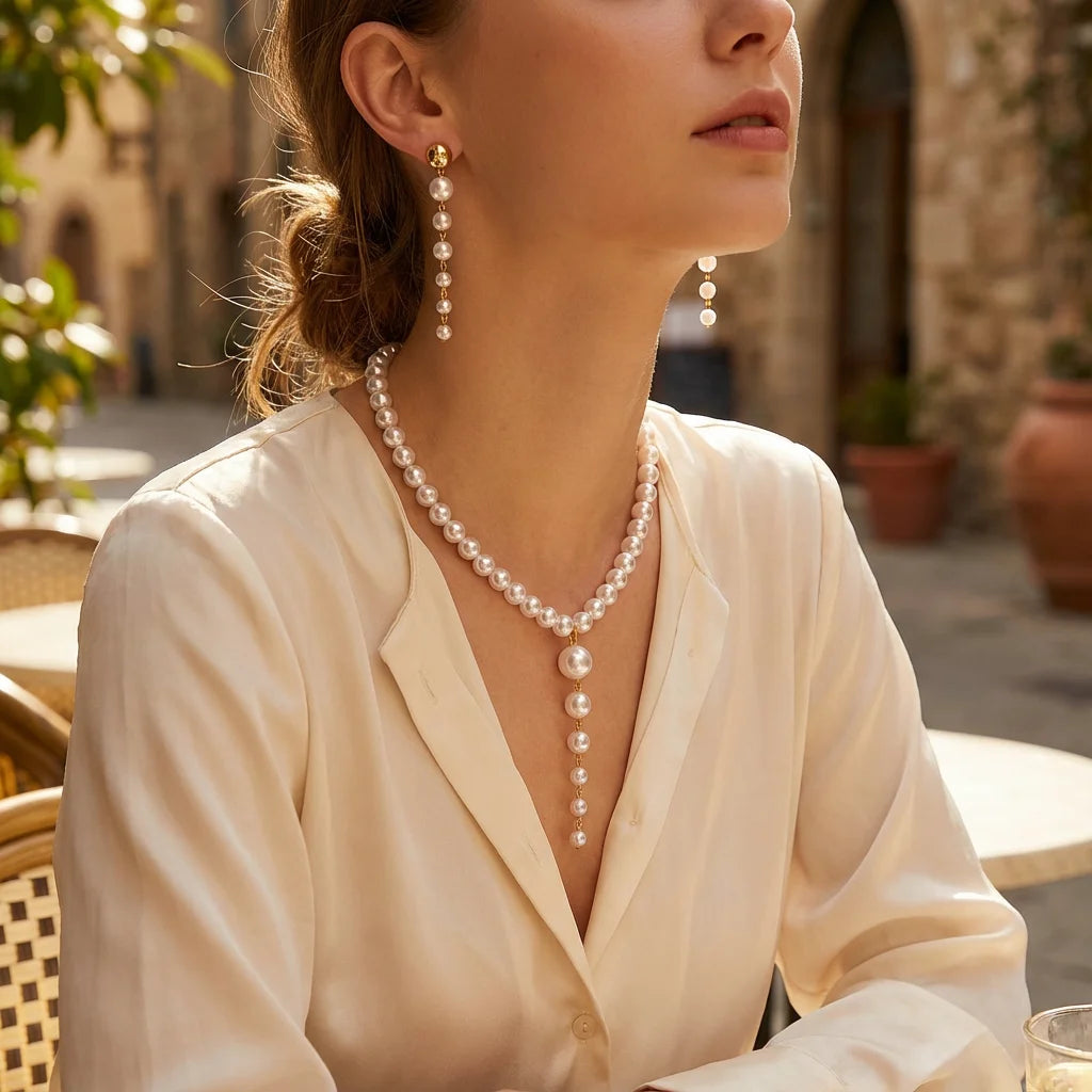 Retro Luxury Imitation Pearl Y shape Necklace Earring Set for Women Elegant Round Bead Pendant Tassel Suit Wedding Party Gift