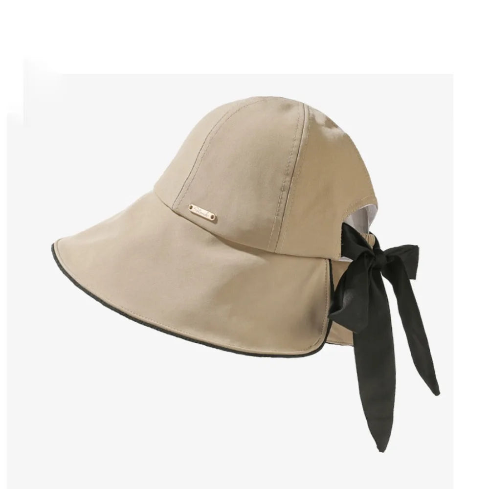 Casual Wide Brim Sun Hat UV Protection Breathable Women Bucket Hat Foldable with Bow Ponytail Hole Summer Beach Hat