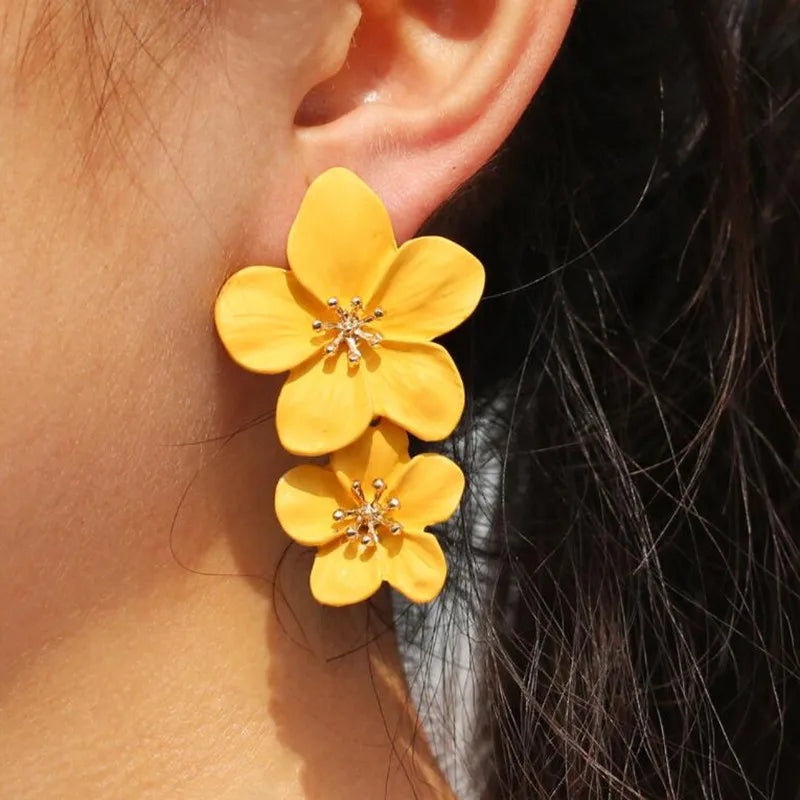 Big Flower Exaggerated Dangle Earrings for Women aretes de mujer Double-layers Floral Korean Fashion Girls Heavy Drop Earrings