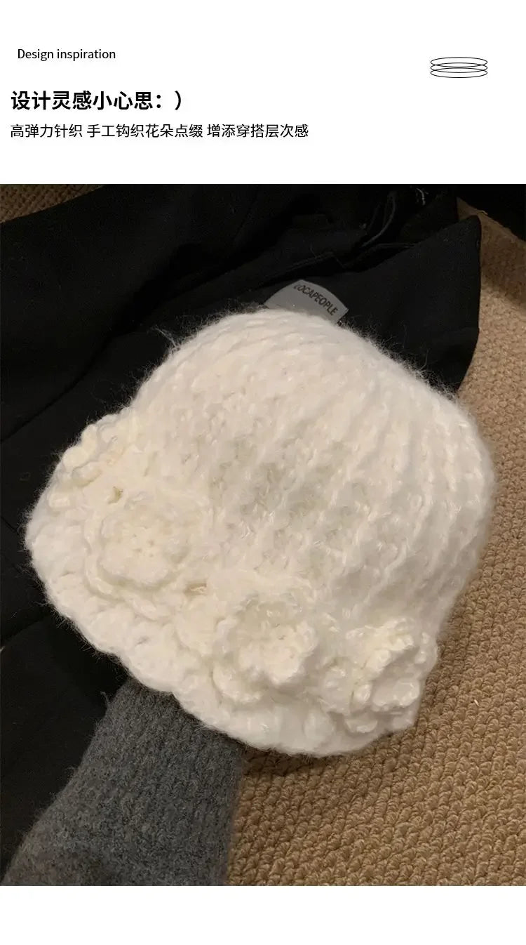 Flower Knitted Fisherman Pot Hat – Korean Cozy Chic & Giving Autumn Dream Girl Energy 🌸🎣