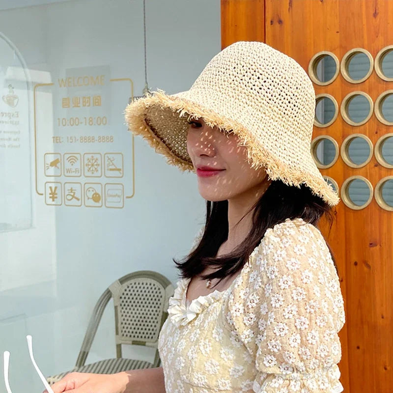 Woven Straw Dome Bucket Hat — Wide Brim Sun Hat for Women