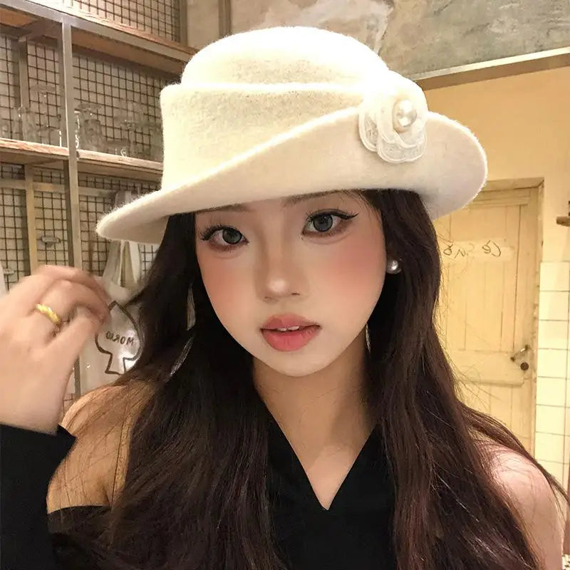 Retro Styled Ruffled Camellia Heiress Hat for Women, French-style Elegant Autumn/Winter Fishermen's Top Hat