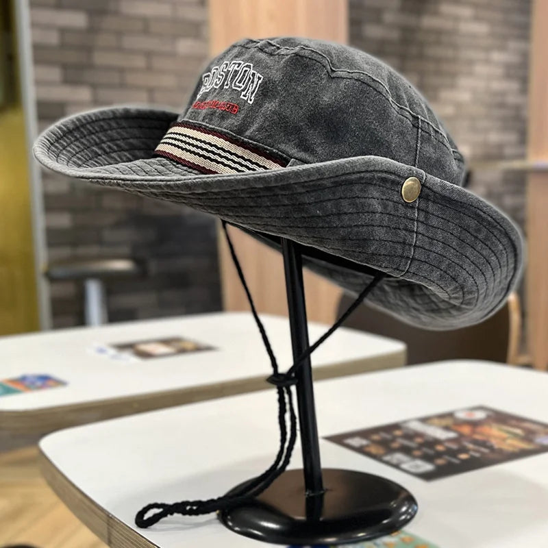 Summer Men Bucket Hat Outdoor Washed Cotton UV Protection Wide Brim Panama Safari Hunting Hiking Hat Adjustable Sunscreen Cap