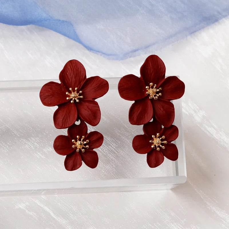 Big Flower Exaggerated Dangle Earrings for Women aretes de mujer Double-layers Floral Korean Fashion Girls Heavy Drop Earrings