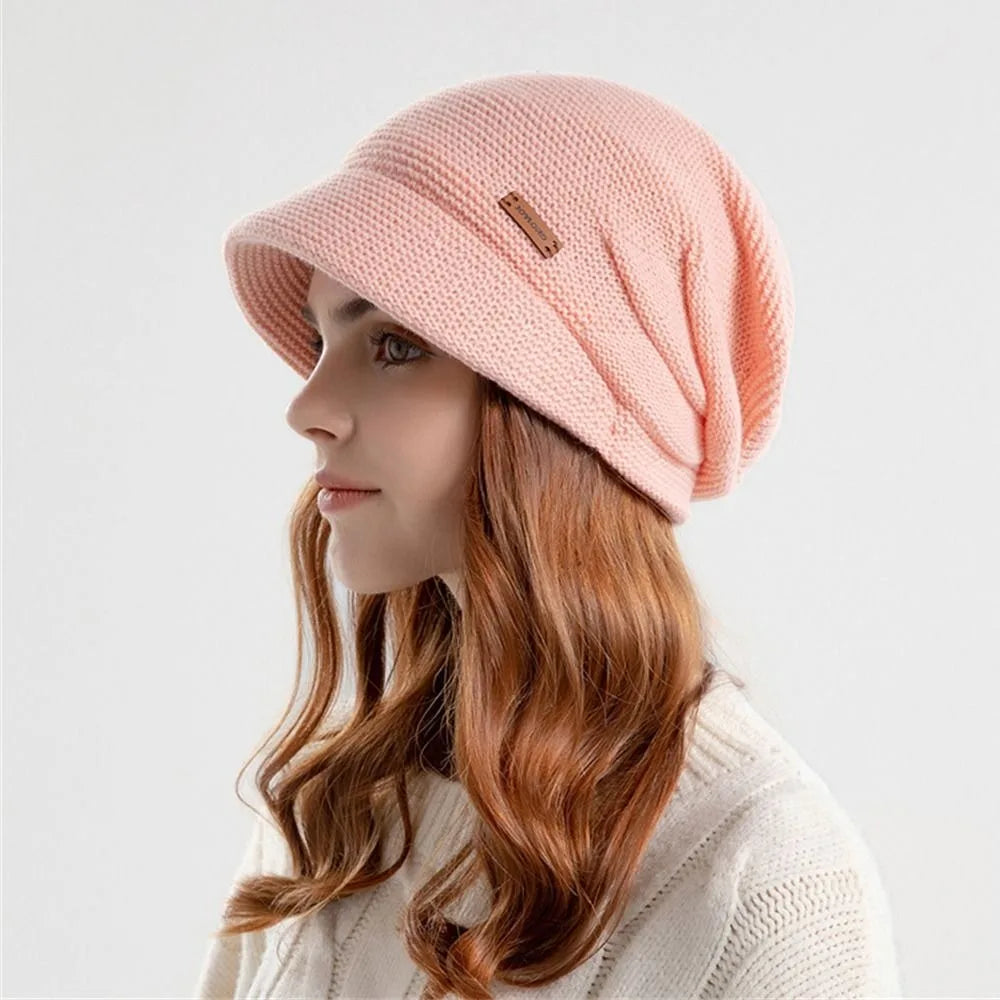 Casual Soft Knitted Hat Short Brim Thickened Beanies Fleece Lined Windproof Ear Protection Women Girl