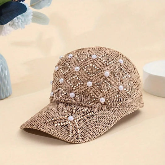 Adjustable Stylish Four-leaf Clover Pearl Embellished Women's Breathable Mesh Baseball Cap/sun Protection Hat for Spring Summer.