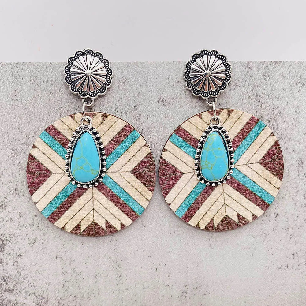 Western Retro Aztecs Pattern Wood Earrings Turquoise Round Wooden Ethnic Fashion Earrings Jewelry Party Accessories Gift
