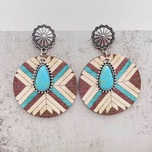 Western Retro Aztecs Pattern Wood Earrings Turquoise Round Wooden Ethnic Fashion Earrings Jewelry Party Accessories Gift