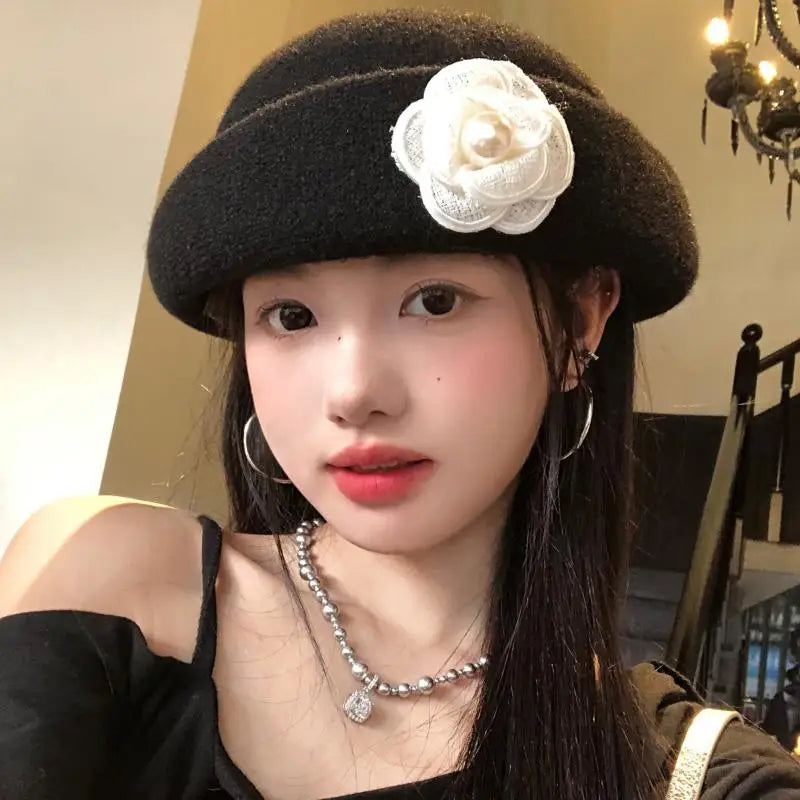 Retro Styled Ruffled Camellia Heiress Hat for Women, French-style Elegant Autumn/Winter Fishermen's Top Hat