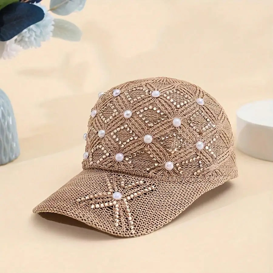 Adjustable Stylish Four-leaf Clover Pearl Embellished Women's Breathable Mesh Baseball Cap/sun Protection Hat for Spring Summer.