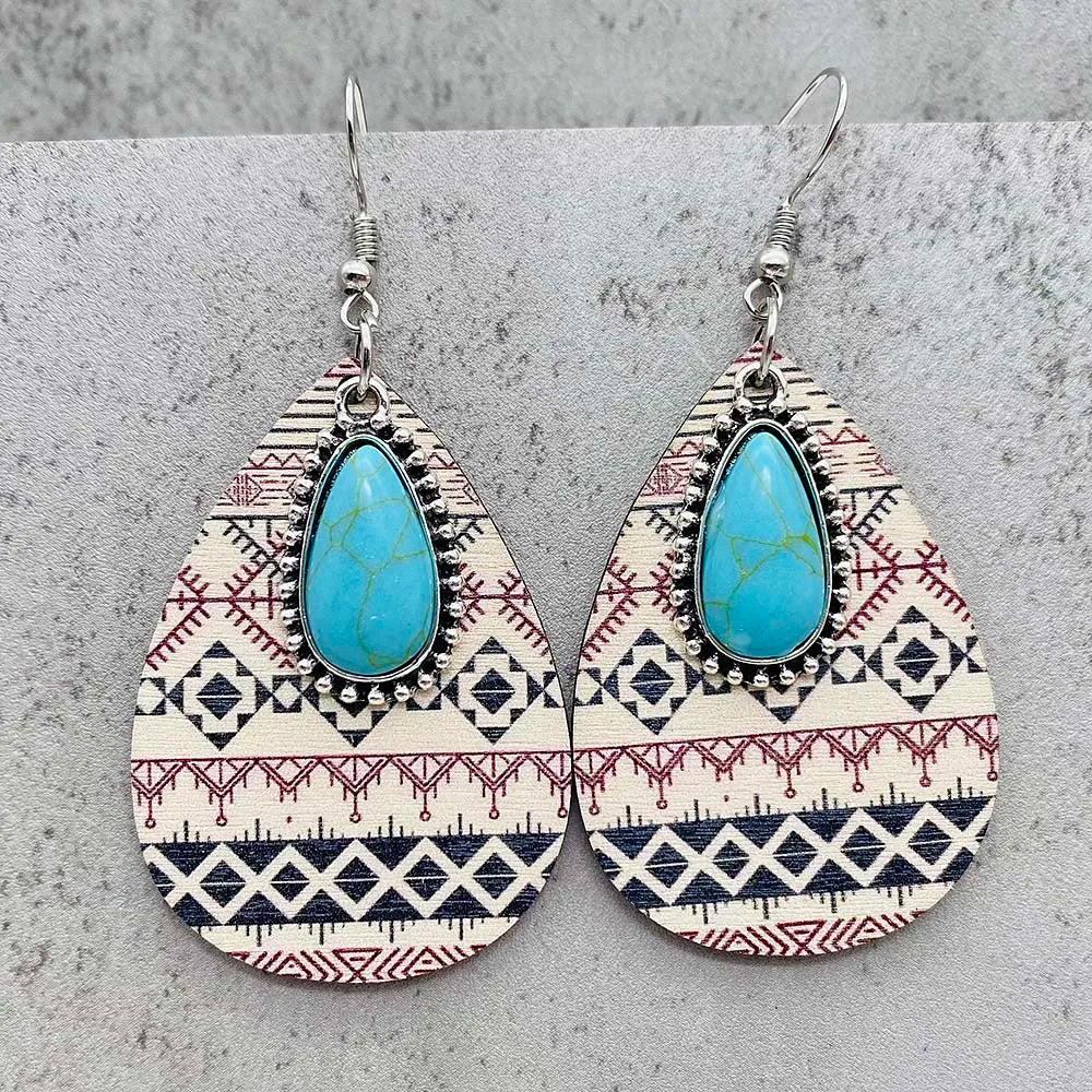 Western Retro Aztecs Pattern Wood Earrings Turquoise Round Wooden Ethnic Fashion Earrings Jewelry Party Accessories Gift