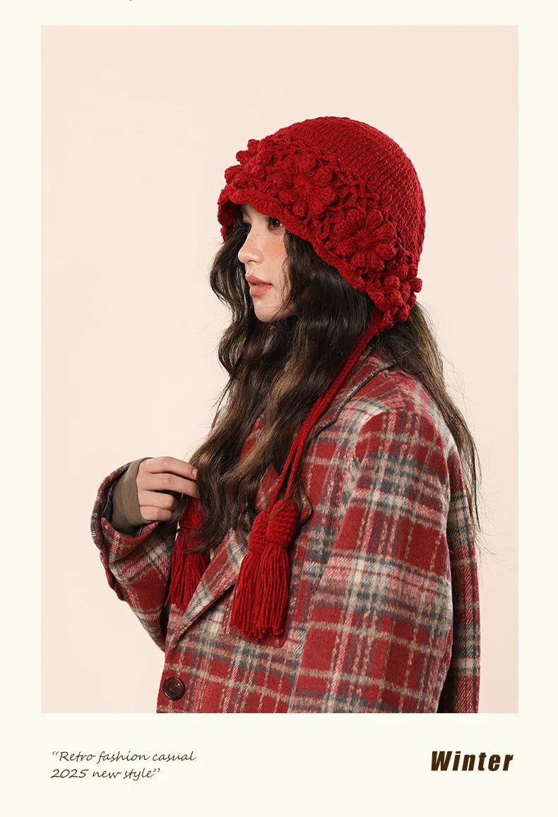 Korean Floral Knitted Hoodie Beanie – Kawaii, Cozy & Giving Sweet Winter It-Girl Energy 🌸🎩