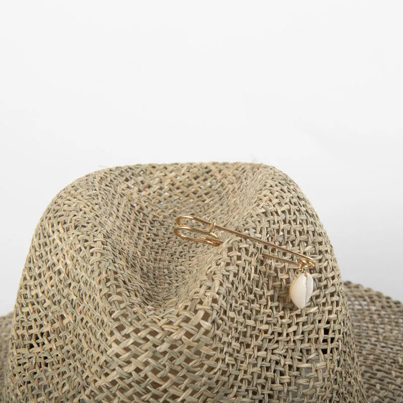Women Straw Fedora Sea Grass Sun Hat Long Gold Chain Summer Panama Hat Wide Brim Beach Hat UPF50+ Derby Church Garden Party Hat