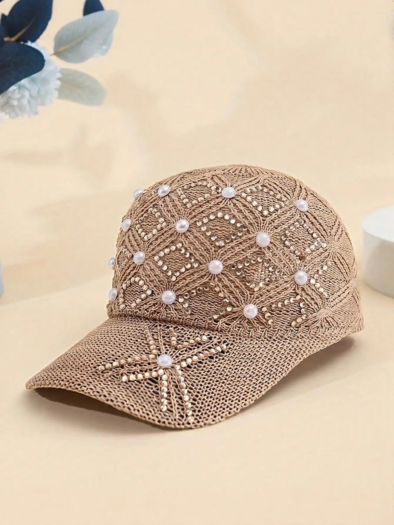 Adjustable Stylish Four-leaf Clover Pearl Embellished Women's Breathable Mesh Baseball Cap/sun Protection Hat for Spring Summer.