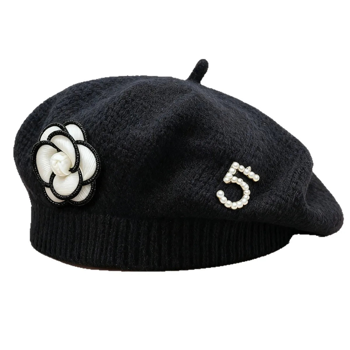Elegant Knitted Flower Pearl Beret