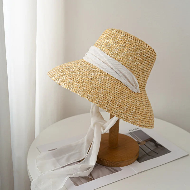 Summer straw hat black edging French elegant ladies seaside travel sun hat Hepburn style wide brim straw hat  кепка женская
