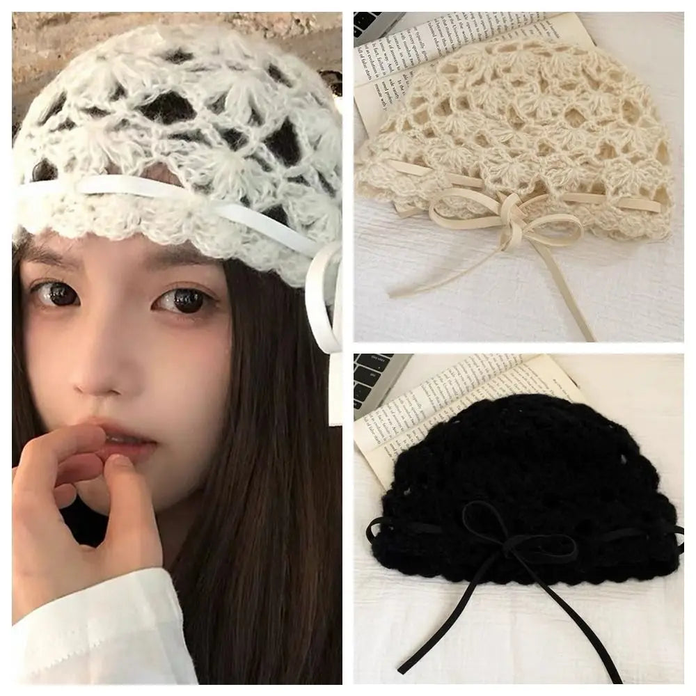 Casual Bow Crochet Hollow Knitted Hat Strapped Bohemian Style Ethnic Style Hat Thin Hollow Out Weave Cap Apparel Accessories