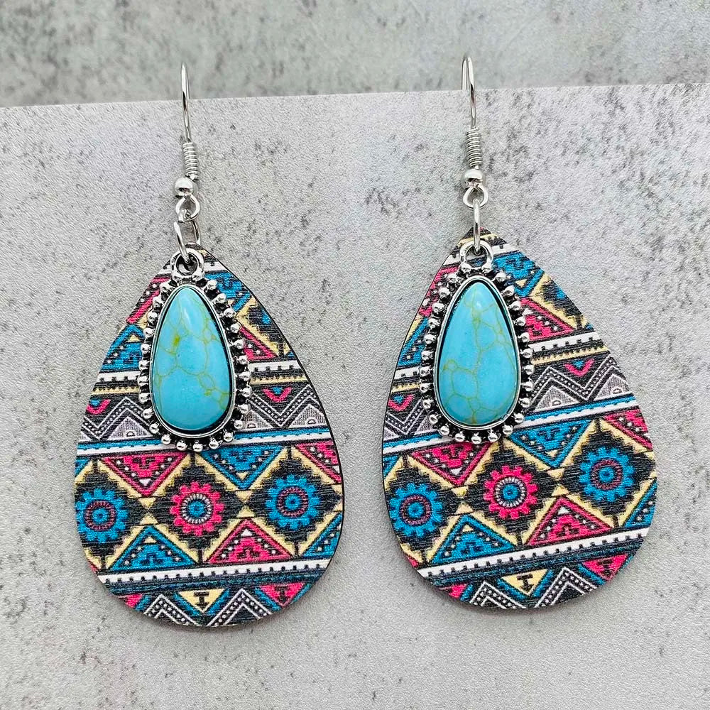 Western Retro Aztecs Pattern Wood Earrings Turquoise Round Wooden Ethnic Fashion Earrings Jewelry Party Accessories Gift