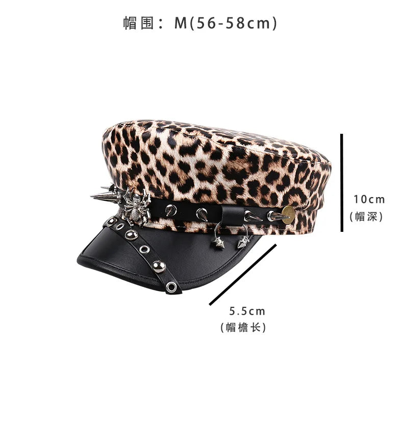 Vintage Leather Beret Hat – Leopard Print, Silver Rivets & Giving Parisian Baddie Energy 🐆✨