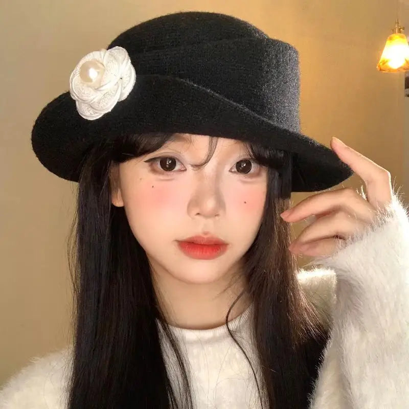 Retro Styled Ruffled Camellia Heiress Hat for Women, French-style Elegant Autumn/Winter Fishermen's Top Hat