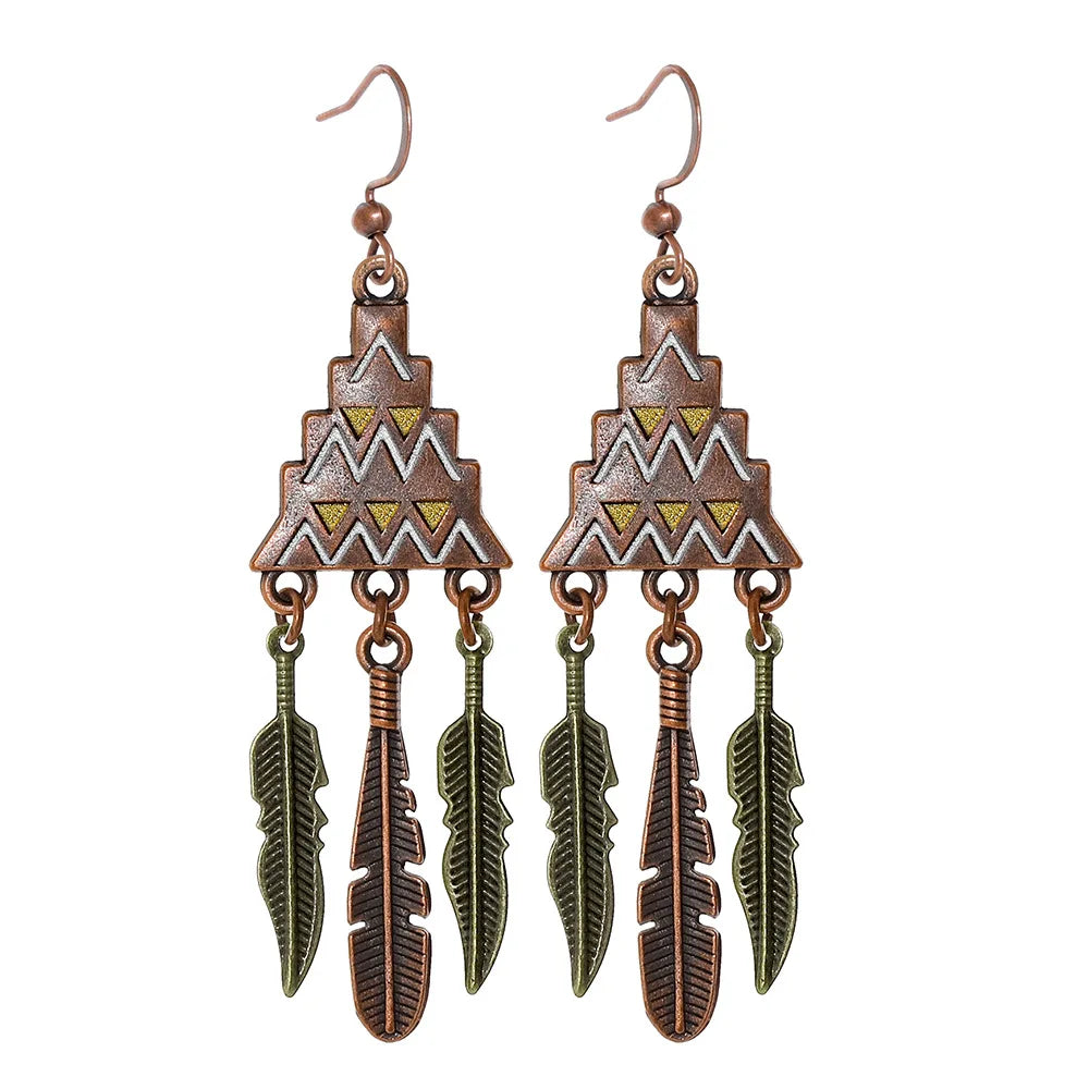 Boho Vintage Geometric Dangle Earrings – Ethnic Metal Leaf Tassel & Giving Free-Spirit Statement Energy 🌿✨