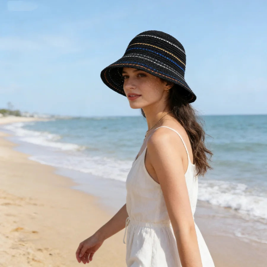 Color-Blocked Striped Handmade Bucket Hat