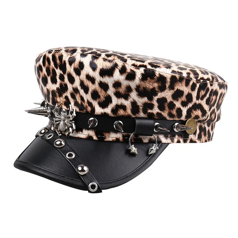 Vintage Leather Beret Hat – Leopard Print, Silver Rivets & Giving Parisian Baddie Energy 🐆✨