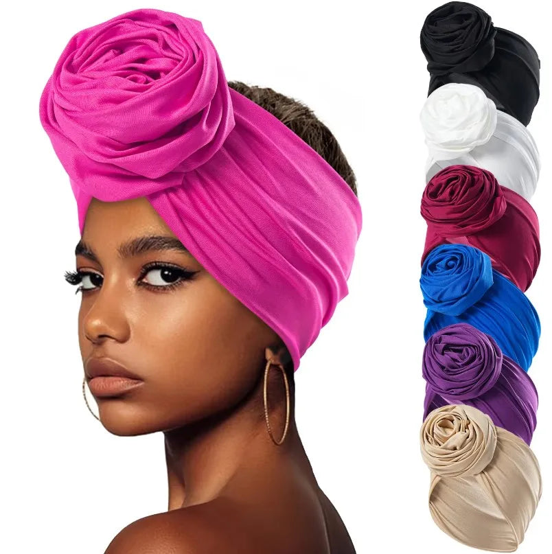 Big Rose Flower Turban Wrap — Boho Elastic Headband for Every Season