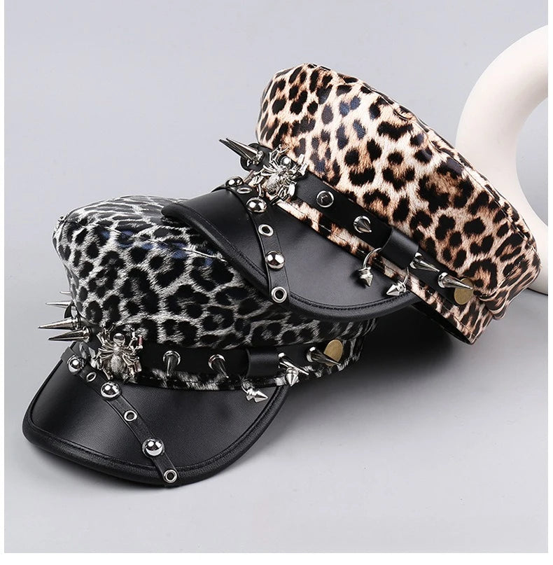 Vintage Leather Beret Hat – Leopard Print, Silver Rivets & Giving Parisian Baddie Energy 🐆✨