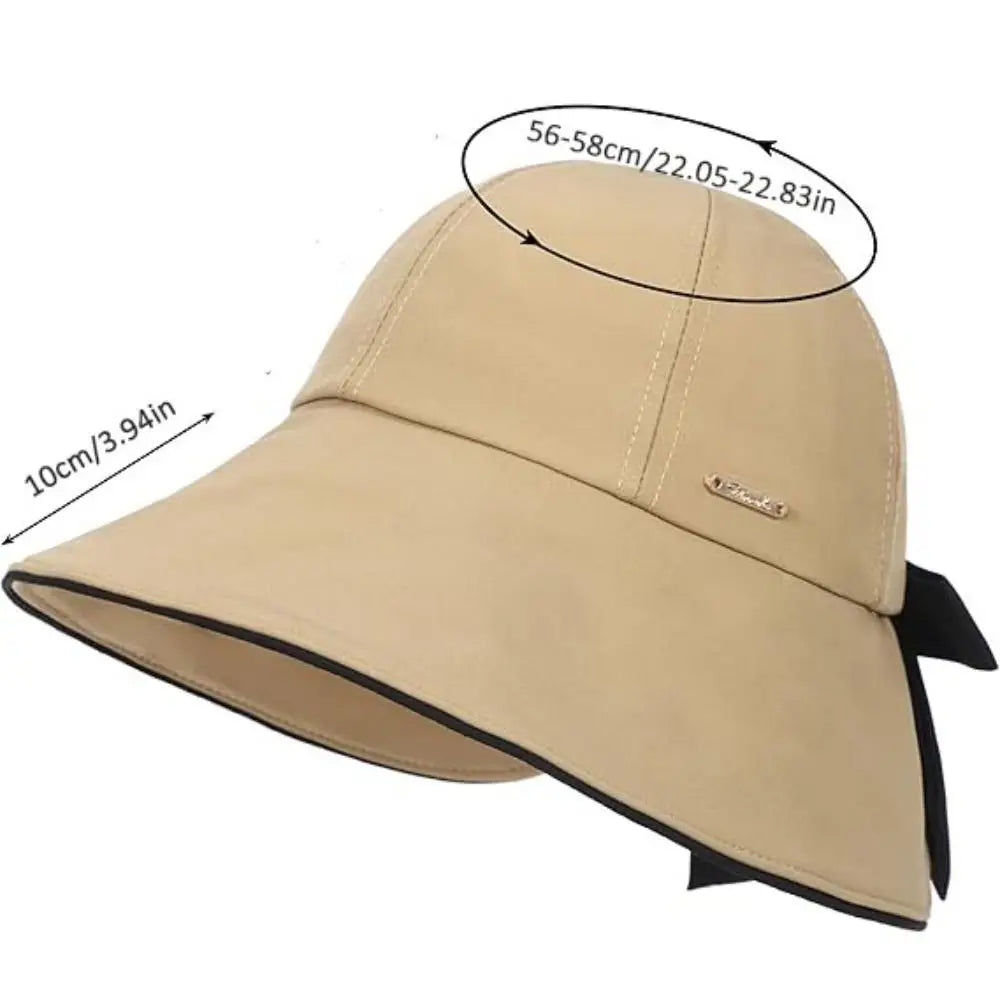 Casual Wide Brim Sun Hat UV Protection Breathable Women Bucket Hat Foldable with Bow Ponytail Hole Summer Beach Hat
