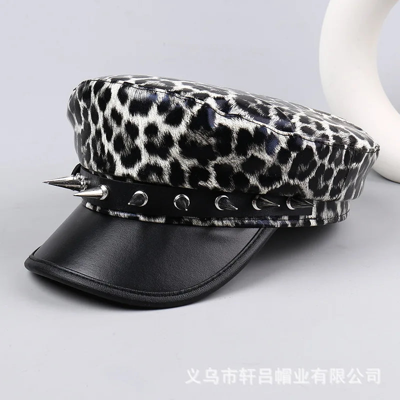 Vintage Leather Beret Hat – Leopard Print, Silver Rivets & Giving Parisian Baddie Energy 🐆✨