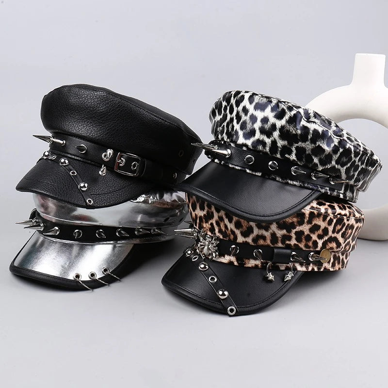 Vintage Leather Beret Hat – Leopard Print, Silver Rivets & Giving Parisian Baddie Energy 🐆✨