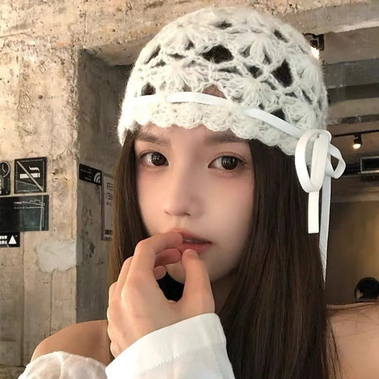 Casual Bow Crochet Hollow Knitted Hat Strapped Bohemian Style Ethnic Style Hat Thin Hollow Out Weave Cap Apparel Accessories